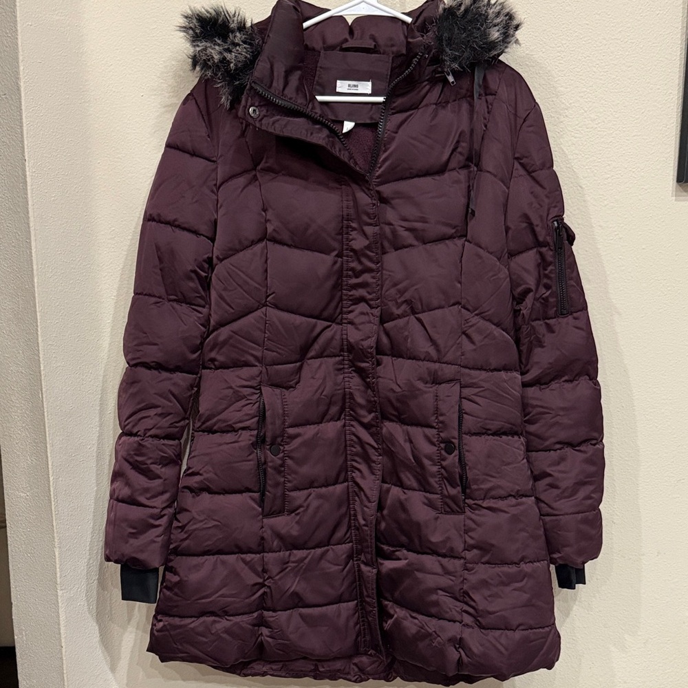 RIJING Women's Heavy Puff Ski Coat Dark Cranberry/Puwith Faux Fur Removable Hood